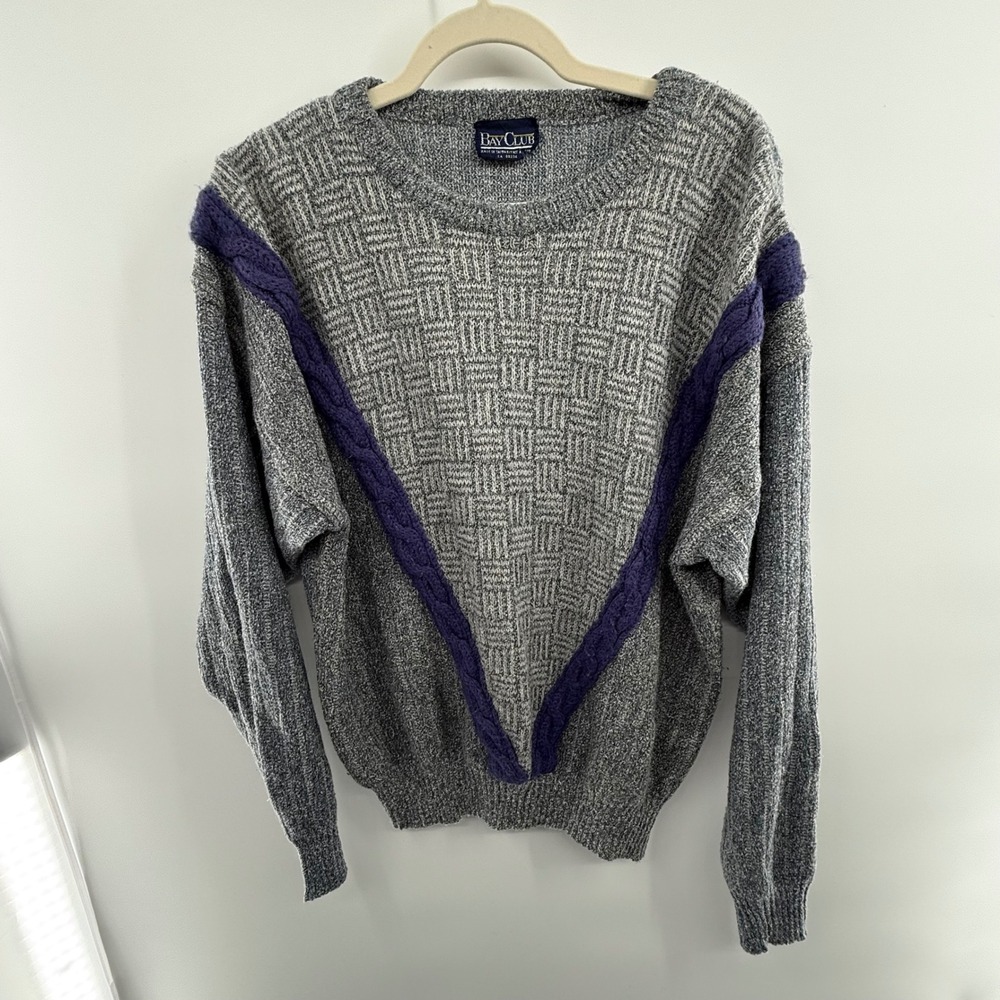 80s Bay Club Sweater Vintage Gray Purple Geometric Cable‎ Knit Size XL